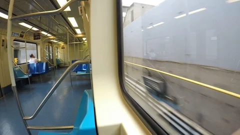 Internal and external view of a wagon arriving at the Santana station Stock Footage 86459789