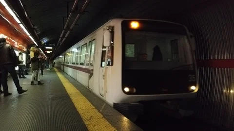 Internal arrivals of the train at the Rome Metro Stock Footage 100517419
