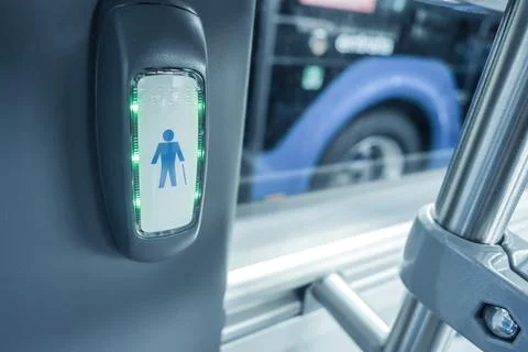 An internal bus stop request button for aged people Foto stock