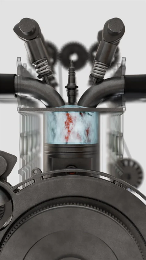 Internal combustion engine cylinder showing fuel mixture, spark plug ignition Stock Footage 324798329