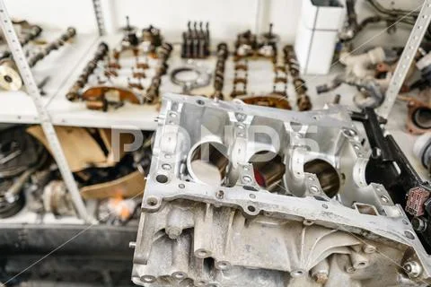 The internal combustion engine, disassembled, repair at car service, overhaul Stock Photos