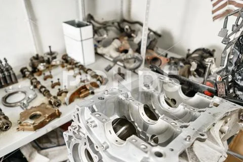 The internal combustion engine, disassembled, repair at car service, overhaul Stock Photos