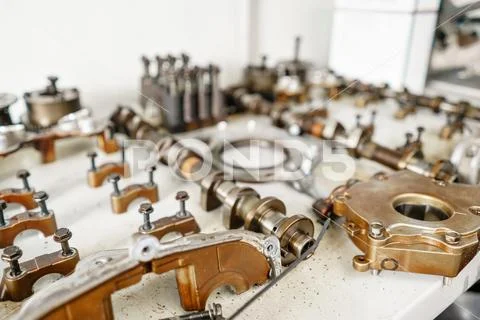 The internal combustion engine, disassembled, repair at car service, overhaul Stock Photos