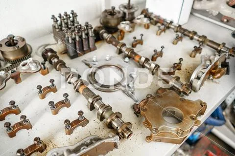 The internal combustion engine, disassembled, repair at car service, overhaul Stock Photos
