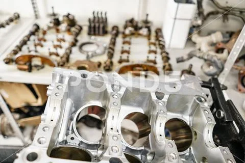 The internal combustion engine, disassembled, repair at car service, overhaul Stock Photos