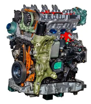 The internal combustion engine of a modern car. Isolated on white background. Stock Photos