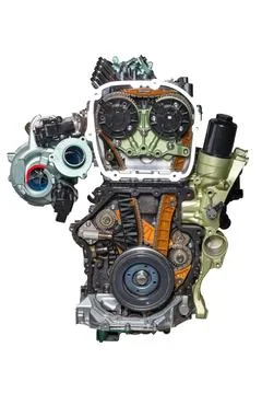 The internal combustion engine of a modern car on a stand in the cut. Isola.. Stock Photos