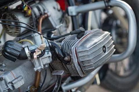 The internal combustion engine of a motorcycle. close-up Stock Photos