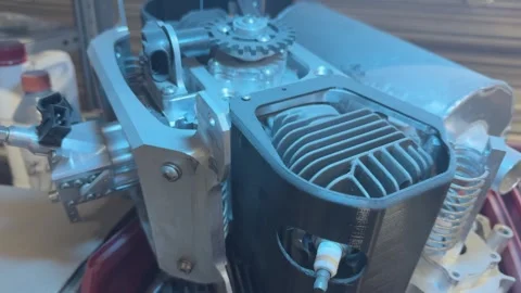 Internal combustion engine parts are on  rack in  workshop, Cylinder block Video stock 295311682