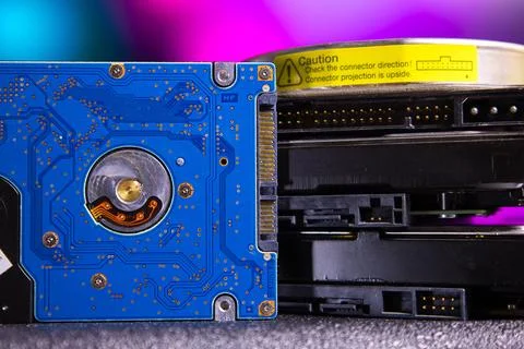 Internal components of computer hard drives with circuit board detail Stock Photos