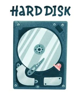Internal computer Hard disk. Harddisk flat textured hand drawn illustration w Illustrazione stock