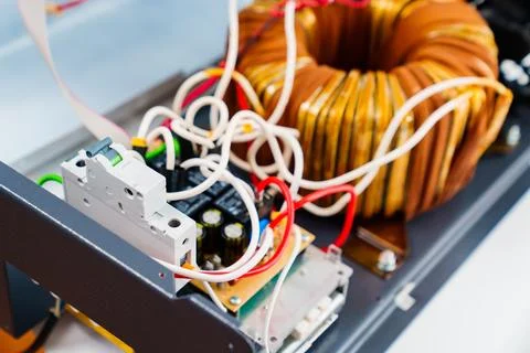 Internal device of electrical appliance, voltage stabilizer. Electrical diagram. Stock Photos