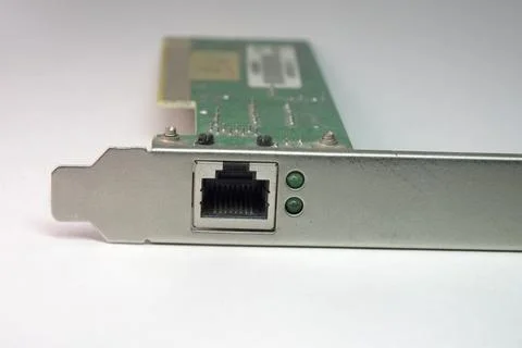 Internal ethernet network adapter with green link control indicator lights,.. Stock Photos