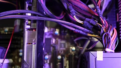 Internal hardware components of powerful gaming computer with purple ambien.. Stockbeeldmateriaal 339410314