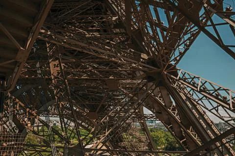 Internal iron structure of the Eiffel Tower in Paris Stock Photos