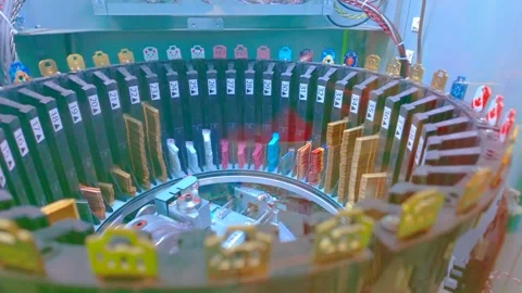 Internal mechanics of automated electronic key cutting machine Stock Footage 332627823