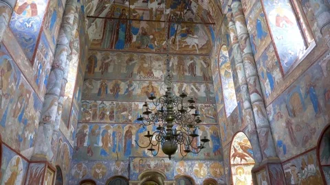 The internal painted walls of the monastery Stock Footage 80861598