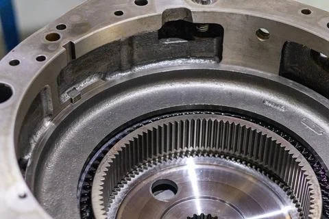 Internal ring gear sits precisely inside heavy automatic transmission casin.. Stock Photos