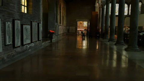 Internal side nave of the Basilica of San Francesco in Ravenna. Moving video Stock Footage 161588248