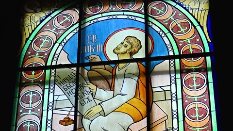 Internal stain glass decoration inside Serbian Orthodox cathedral in Belgrade. Video stock 155294785