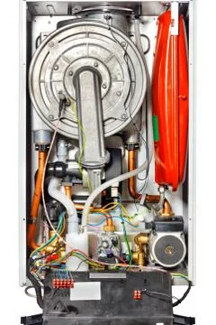 The internal structure of an electronically controlled gas boiler. Stock Photos