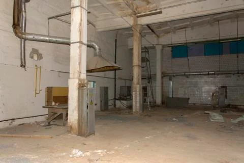 Internal terrible premises of the destroyed and abandoned building of the bak Stock Photos