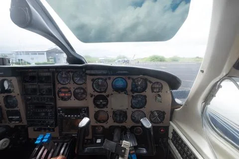 Internal view of the cockpit of a small plane about to take off at the Isab.. Stock Photos
