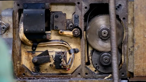 Internal View Of Industrial Machine Gearbox Showing Gears Wiring And Contro.. Vídeo Stock 333246127