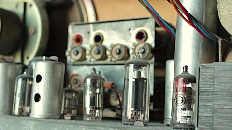 Internal View of Old Retro Vintage Tube Radio Receiver Zvezda-54 Stock Footage 203913562