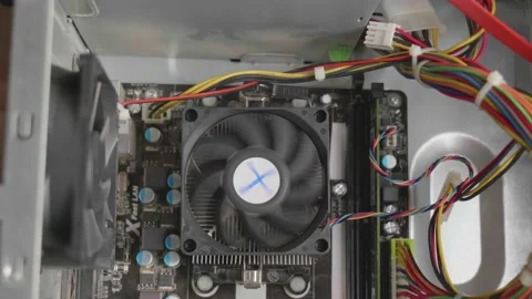 Internal view of the PC When powered on, the CPU fan spins at high speed to c Stock Footage 188426217