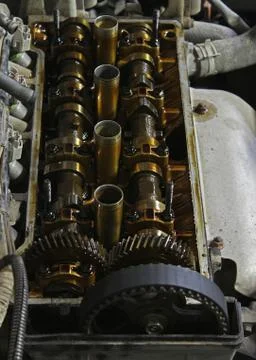The internals of the engine under the valve cover Stock Photos