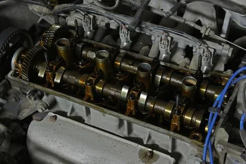 The internals of the engine under the valve cover Stock Photos