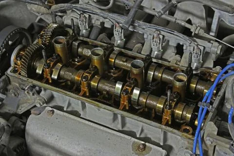 The internals of the engine under the valve cover Stock Photos