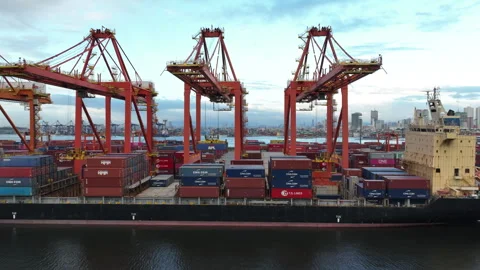 International Cargo Ship Unloading Containers and Docked in A Busy Port Area Stock Footage 333290500
