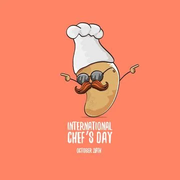 International chef day vector greeting card. vector funny cartoon tiny brown Stock Illustration