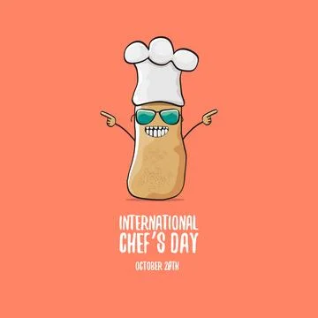 International chef day vector greeting card. vector funny cartoon tiny brown 스톡 일러스트