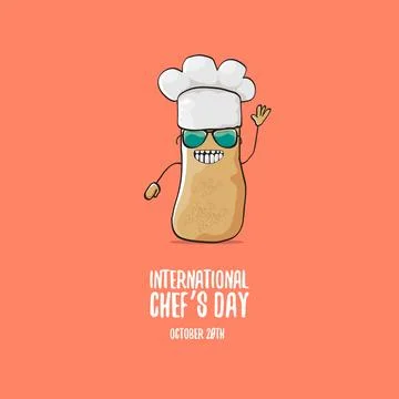 International chef day vector greeting card. vector funny cartoon tiny brown Stock Illustration