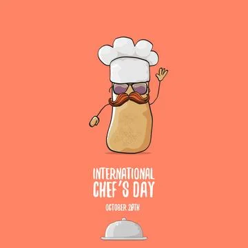 International chef day vector greeting card. vector funny cartoon tiny brown 스톡 일러스트