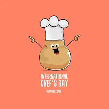 International chef day vector greeting card. vector funny cartoon tiny brown Stock Illustration