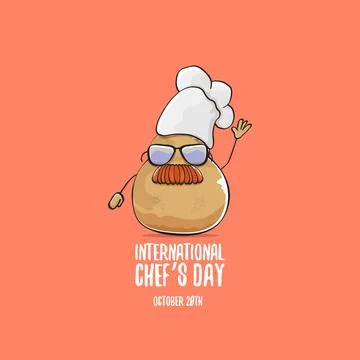 International chef day vector greeting card. vector funny cartoon tiny brown 스톡 일러스트