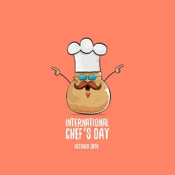 International chef day vector greeting card. vector funny cartoon tiny brown Stock Illustration