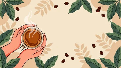International Coffee Day Background with Steaming Coffee Cup, Coffee Beans a 库存影片 344378866