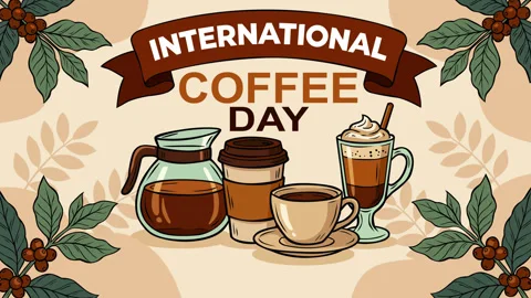 International Coffee Day Celebration with Assorted Coffee Drinks Stock Footage 344487967