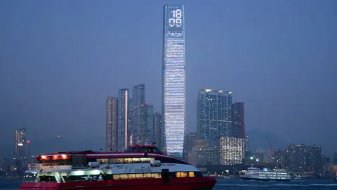 International Commerce Centre (ICC) and the Hong Kong to Macau Turbo Jet Ferry. Stock Footage 254056480