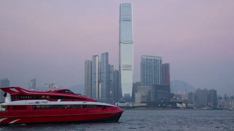 International Commerce Centre (ICC) and the Hong Kong to Macau Turbo Jet Ferry. Stock Footage 254056522