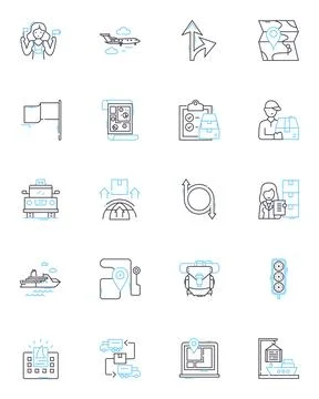International commerce linear icons set. Exports, Imports, Trade, Tariffs Illustration