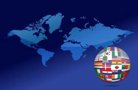 International communication concept. world flags on globe illustration Stock Illustration