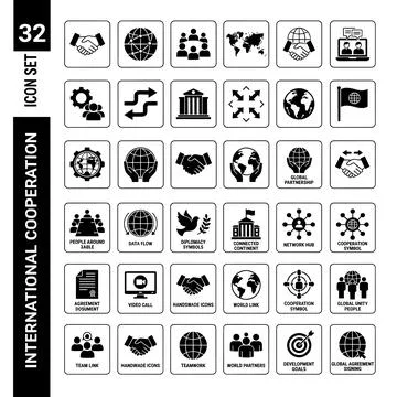 International cooperation icon set featuring global partnership, diplomacy,.. Stock Illustration