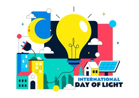 International Day Of Light Vector Illustration Featuring Light Bulb Solar E.. Stock Illustration