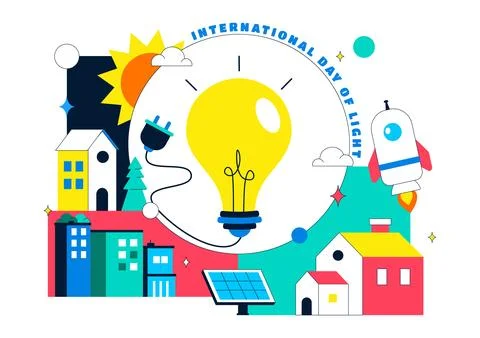 International Day Of Light Vector Illustration Featuring Light Bulb Solar E.. Stock Illustration